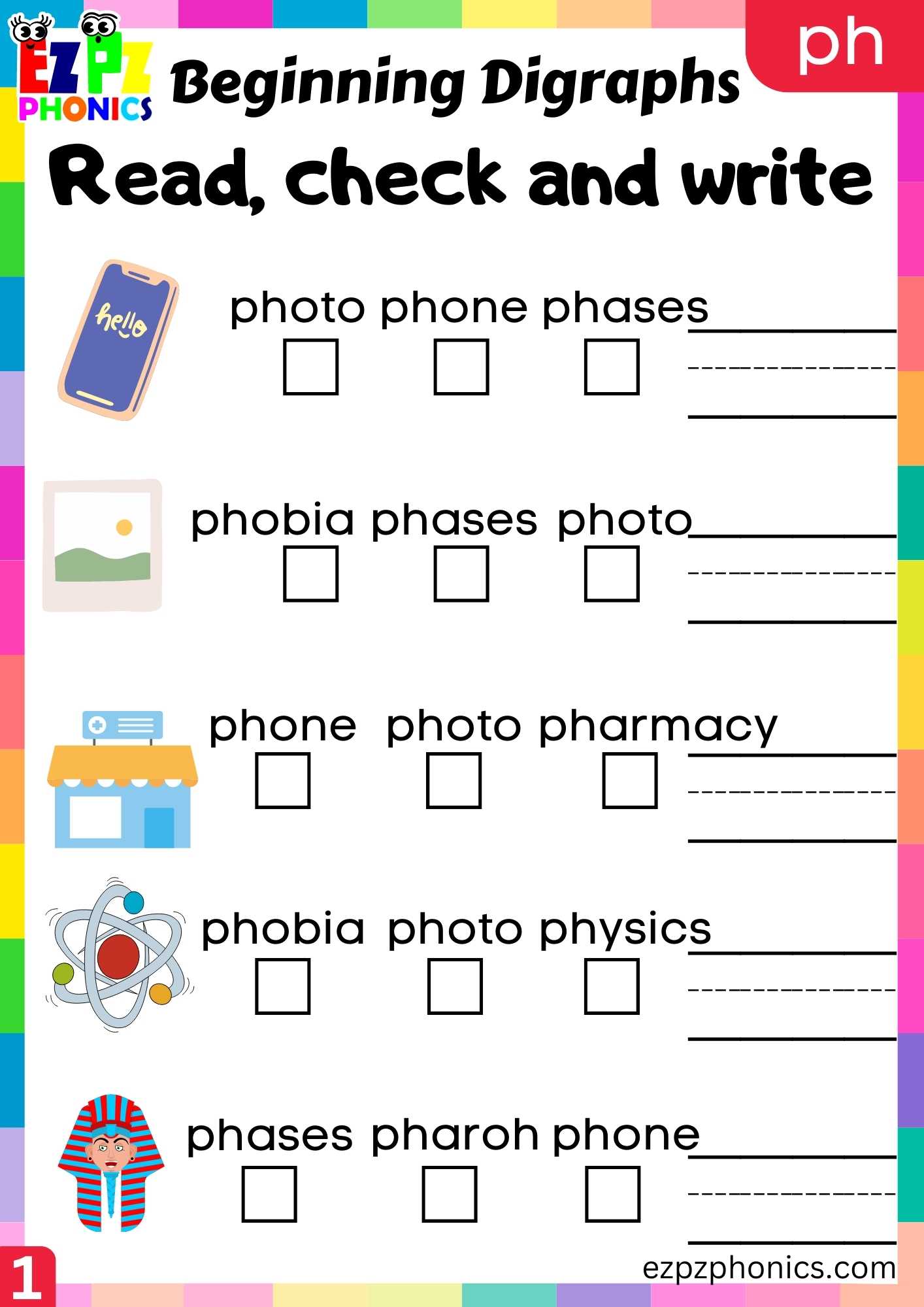 PH Words Read, Check And Write Consonant Digraphs Phonics Beginning Worksheet